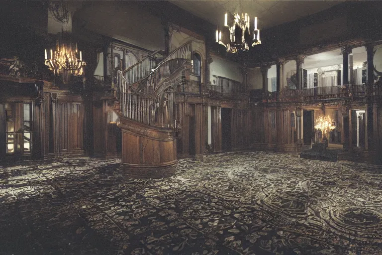 Prompt: full - color 1 9 9 0 s photo of the interior of a spooky elegant mansion at night. the interior architecture and layout are illogical, surreal, bizarre, complicated, and labyrinthine. there is a faintly - visible victorian ghost lurking. highly - detailed high - resolution photography.