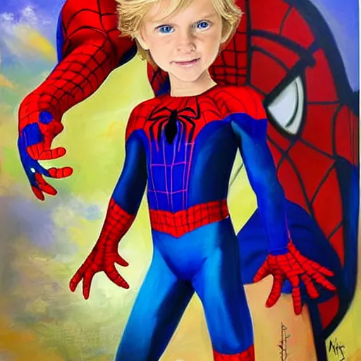 Prompt: a cute seven year old boy with tousled blonde hair and blue eyes dressed as spider - man without the mask, beautiful painting by magali villanueve and raymond swanland