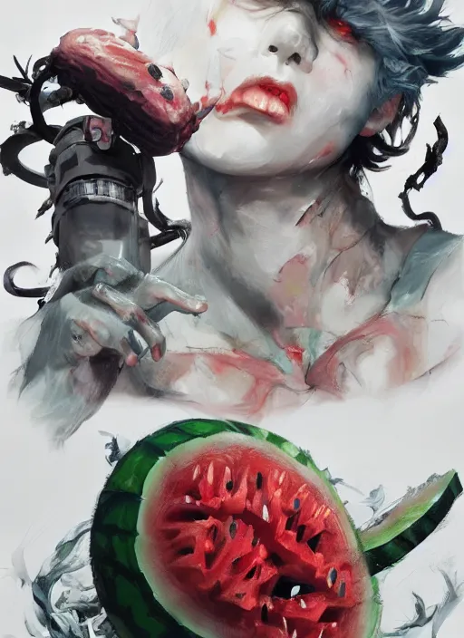 Image similar to semi reallistic gouache gesture painting, by yoshitaka amano, by ruan jia, by Conrad roset, by dofus online artists, detailed anime 3d render watermelon monster, watermelon terrible monster, antrophomorfic watermelon, portrait, cgsociety, artstation, rococo mechanical, Digital reality, sf5 ink style, dieselpunk atmosphere, gesture drawn