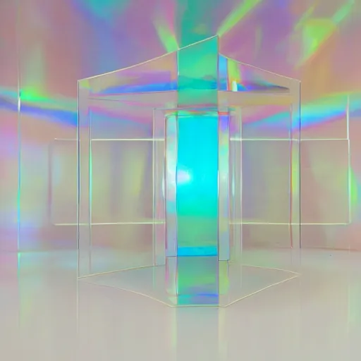 Prompt: an ultra high definition professional studio quality photograph of a transparent iridescent perspex pastel coloured sculpture in an empty white room. dramatic lighting, ray tracing, refraction, shallow d. o. f, colour corrected, golden ratio, three point light. volumetric shadows. god rays.