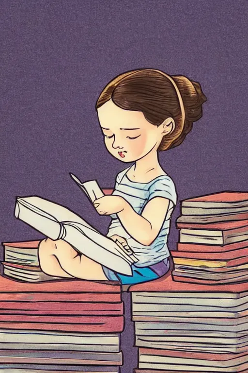 Image similar to a little girl sits cross legged on top of a tall pile of books. she is reading. clean elegant pretty cartoon painting, beautiful detailed face, storybook illustration.