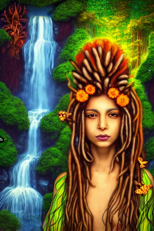 Prompt: a realistic portrait of a beautiful dreadlocked indian mushroom goddess, standing inside a waterfall, in an enchanted psychedelic mushroom forest, butterflies, sunbeams at sunset, wlop