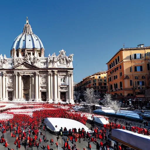 Image similar to The city of Rome under the snow on August. It's snowing everywhere on the entire cityscape of Rome under a blue sky and a very hot sun. It's crazy hot with red flames everywhere but also very big snowflakes. People wear swimsuits and are very puzzled.