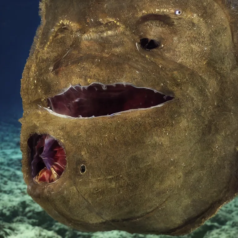 Prompt: Realistic Studio Photograph of a Footballfish anglerfish deep underwater, award-winning nature photography hyperrealism 8k