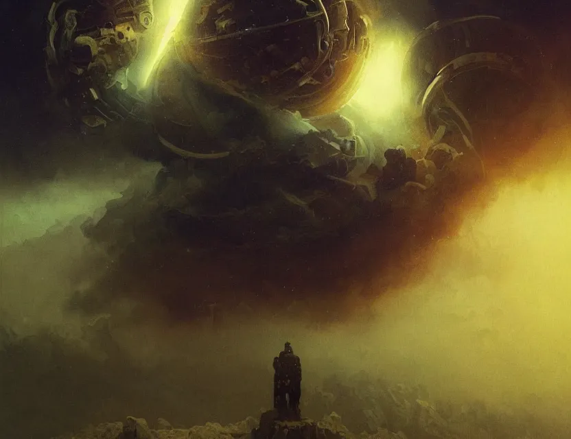 Image similar to a space laces kind of poster cinematic sci - fi scene and science fiction theme with lightning, aurora lighting. clouds and stars. smoke. a ball of light in the middle. futurism. fantasy. by beksinski carl spitzweg and tuomas korpi. baroque elements. oil painting. dramatic. artstation. 8 k