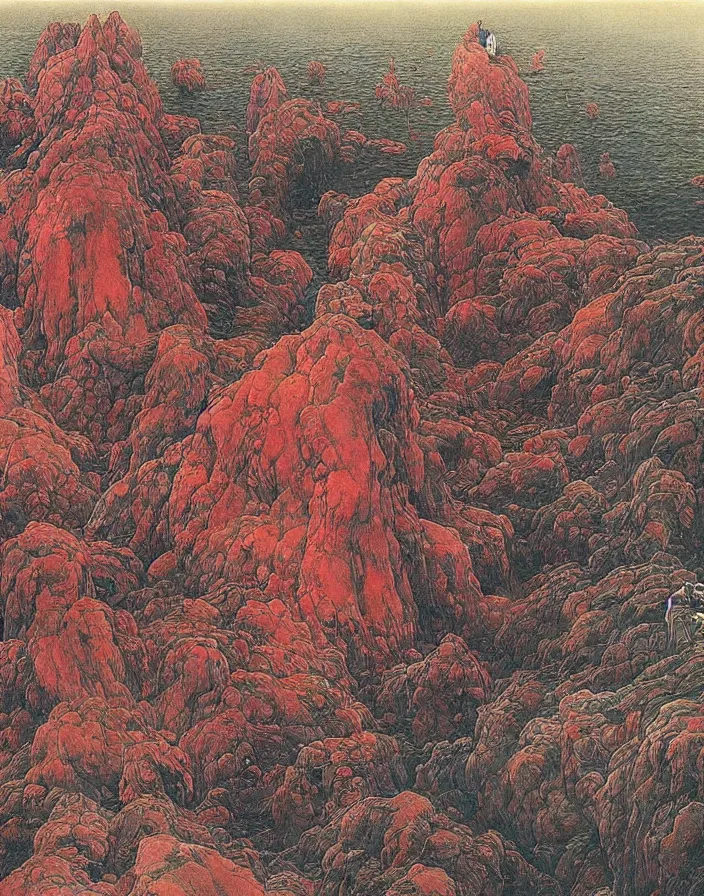 Prompt: worshippers in red robes belonging to the cult of the lighthouse clambering out of the water and entering the light house, high detailed beksinski painting, part by adrian ghenie and gerhard richter. art by takato yamamoto. masterpiece, deep colours, blue