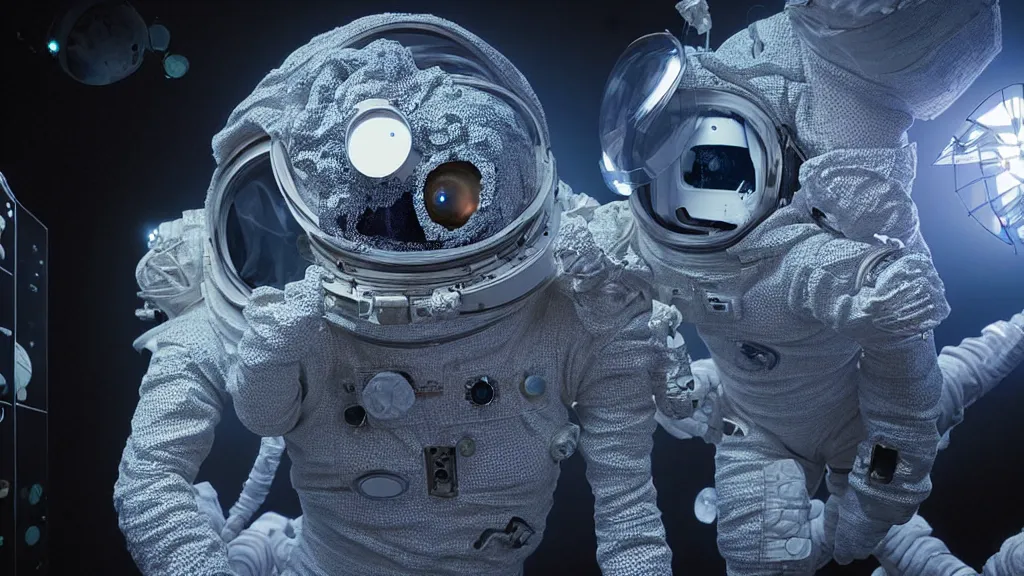 Image similar to a astronaut eva suit covered in diamond 3d fractal lace iridescent bubble 3d skin and covered with insectoid compound eye camera lenses floats through the living room, film still from the movie directed by Denis Villeneuve with art direction by Salvador Dalí, wide lens,