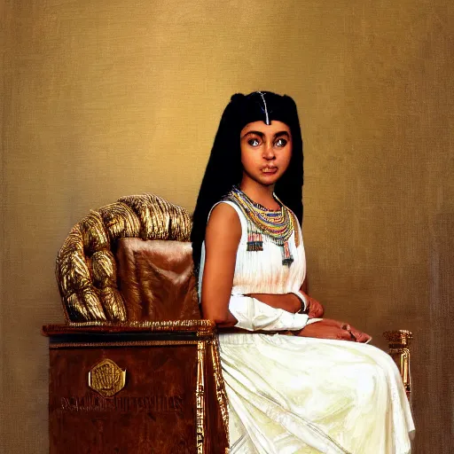 Image similar to Portrait still photograph of young Cleopatra sitting on her throne in the Oval Office by Norman Rockwell, detailed, textured, medium shot, mid-shot, trending on Artstation