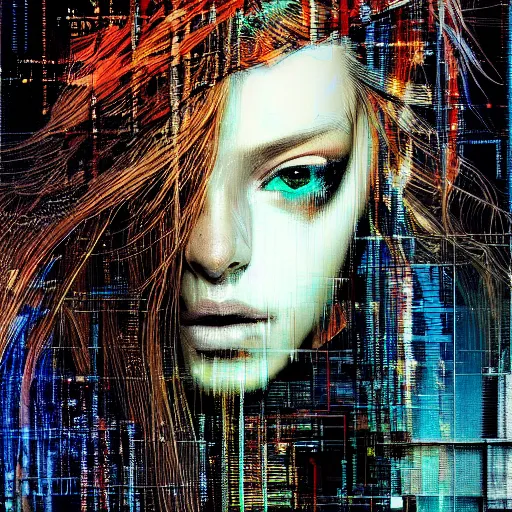 Prompt: hyperrealistic portrait of a mysterious cyberpunk woman with flowing hair, by Guy Denning, Johannes Itten, Russ Mills, beautiful, elusive, glitch art, beautiful eyes, hacking effects, glitch effects, digital tech effects, cybernetics, detailed lines, intricate detail, polished, holographic, chromatic, clear, color blocking, acrylic on canvas, octane, concept art, abstract, red face, front view, 8k, trending on cgsociety, trending on artstation