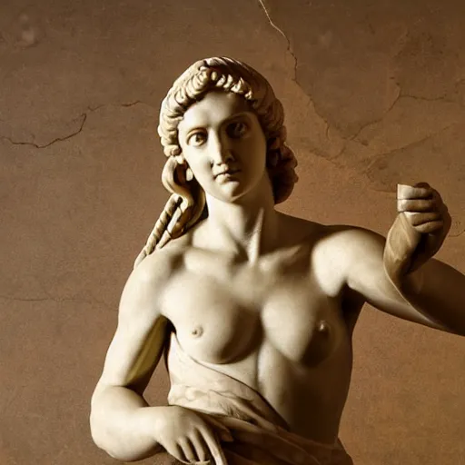 Image similar to greek or roman sculpture in marble of a female athlete holding a snake, in a museum background, hyperrealistic photograph in the style of bernini, golden hour