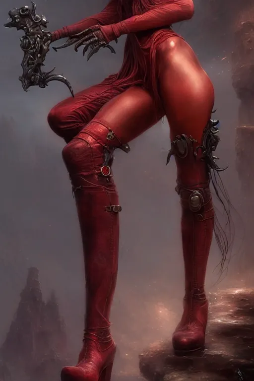 Image similar to red women's boots, shoes only, by wlop, by luis royo, by peter mohrbacher, concept art, digital illustration, intricate, masterpiece, elegant, super detailed, unreal engine rendering, smooth, sharp focus, artstation hq