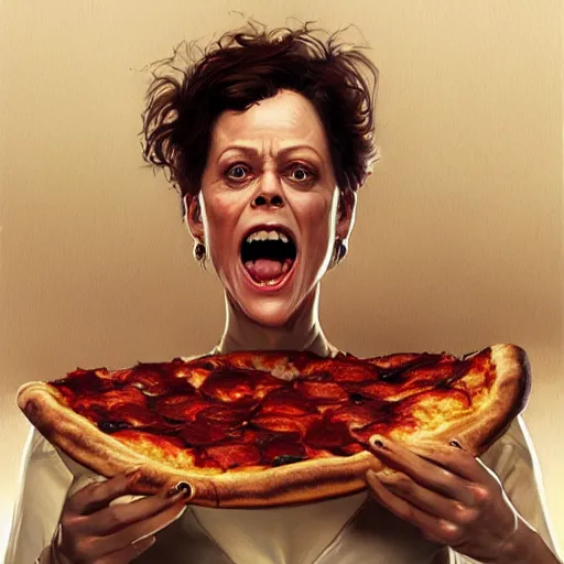 Prompt: portrait of Sigourney Weaver opening his mouth to eat pizza, highly detailed, digital painting, artstation, concept art, sharp focus, illustration, art by artgerm and greg rutkowski and alphonse mucha