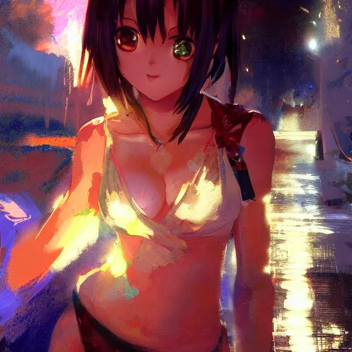 Image similar to craig mullins painting of an anime woman, direct flash photography at night