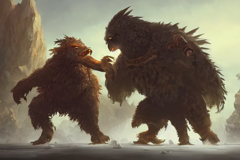 Prompt: An awesome painting of an intimidating large owlbear encounter, video game concept art by Wizards of the Coast, Magic The Gathering, Blizzard, Games Workshop, Greg Rutkowski, Craig Mullins, WETA, Elder Scrolls.