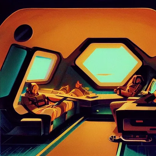 Image similar to Cozy interior of a spaceship, teal lighting, cozy lighting, space seen outside from a window, by Syd Mead, John Harris, Federico Pelat