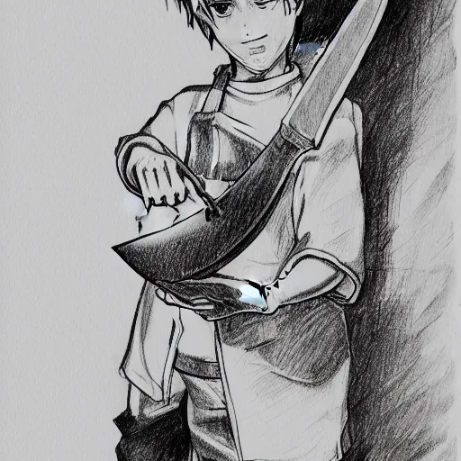 Image similar to a young boy holds a butcher's knife in their hand, anime style, drawn in black pen ink sketch