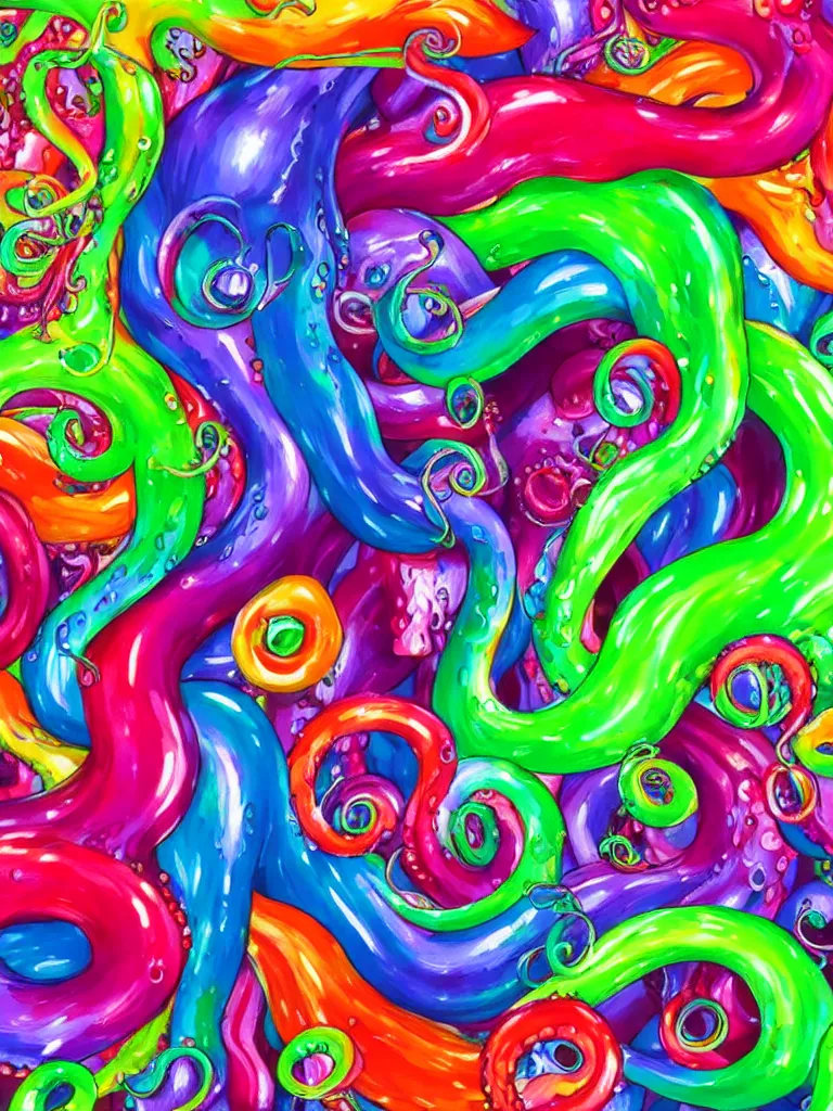 Prompt: colorful liquid octopus tentacles, hyper detailed painting, particles, bubbles, stong outline