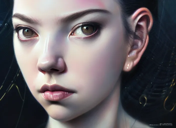 Image similar to portrait shot of anya taylor - joy in ghost in the shell, intricate, elegant, highly detailed, centered, digital painting, artstation, concept art, smooth, sharp focus, illustration, artgerm, tomasz alen kopera, peter mohrbacher, donato giancola, joseph christian leyendecker, wlop, boris vallejo biomechanical