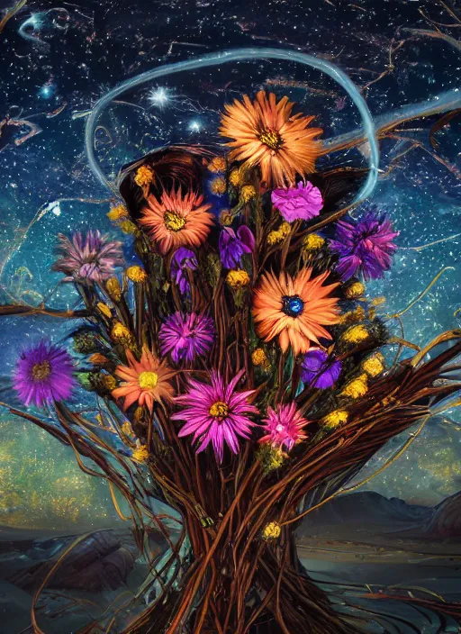 Image similar to An epic fantastic realism comic book style painting of the most beautiful entwined flowers launched across the dark and starry night sky, nebulous bouquets, fisheye lens, unreal 5, DAZ, hyperrealistic, octane render, dynamic lighting