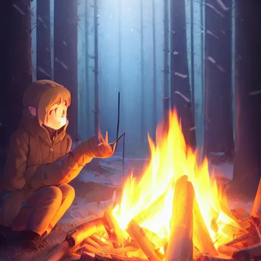 Image similar to yuru camp anime campfire hyperdetailed blue eyes, trending on artstation, cinematic lighting, highly realistically detailed, trending on pixiv , Unreal Engine 4k, detailed faces, manga cover, official anime key visual by greg rutkowski