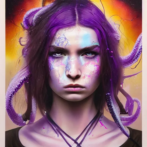 Prompt: detailed art portrait of a furious teen girl with thin, hair-like purple tentacles on her head and bright purple eyes, 8k,by tristan eaton, Stanley Artgermm,Tom Bagshaw,Greg Rutkowski,Carne Griffiths,trending on DeviantArt, face enhance,hyper detailed ,full of colour,