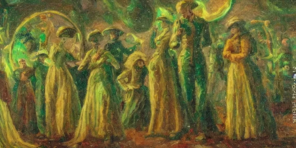 Image similar to tall terrifying green futuristic aliens sitting in a circle. in the victorian era. in the style of an impressionist painting.