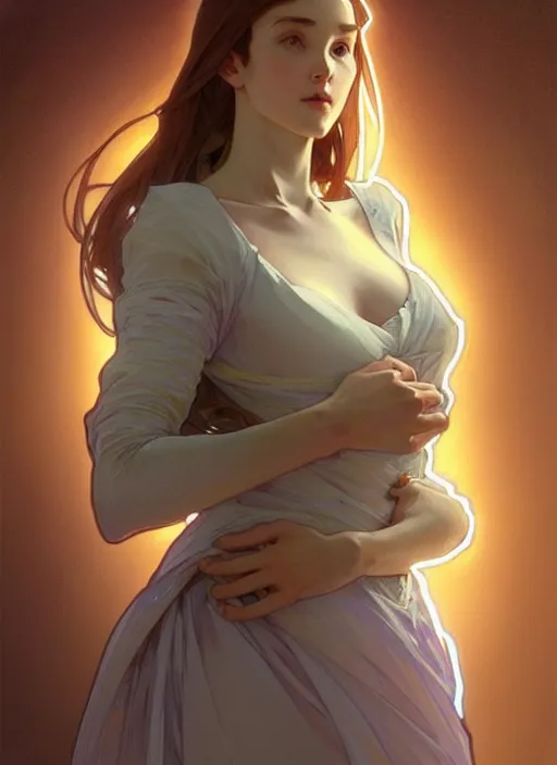 Prompt: digital character concept art by artgerm greg rutkowski alphonse mucha sylvain sarrailh. clear portrait of a shy modern wife blessed by god to grow immaculately fertile and perfect!! blonde, in clothes! holy body! light effect. hyper detailed, glowing lights!! intricate, elegant, digital painting, artstation, smooth, sharp focus