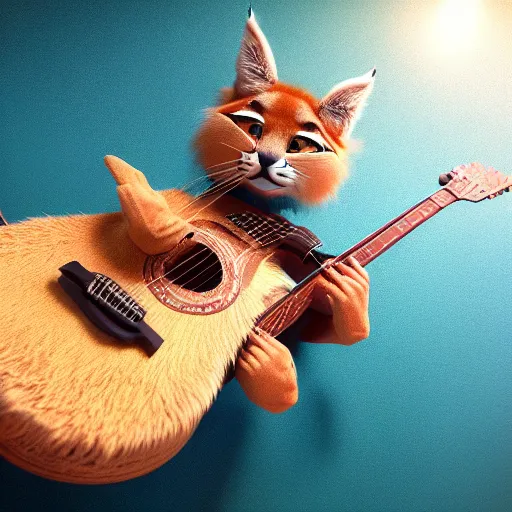 Image similar to cute fluffy caracal playing guitar, fully detailed, high quality , 4k , octane render , soft light , masterpiece