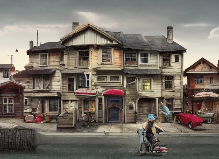 Image similar to ☕🍧🏡👴🏼, lowbrow, matte painting, 3 - d, highly detailed, in the style of mark ryder,