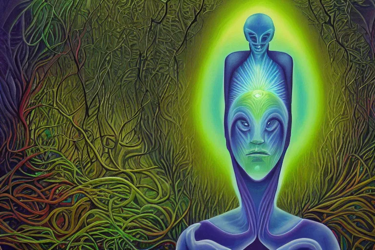 Image similar to painting of a tranquil alien made of light and glows meditating in dense forest by alex grey, acrylic art, ethereal, soothing, somber, elegant, warm light, cozy, breathtaking,