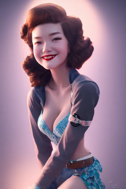 Image similar to a pin up and beautiful fashion and dreamlke girl, charming smile, by artgerm lau, & jeehyung lee & wlop, hyperdetailed, 8 k realistic, symmetrical, frostbite 3 engine, cryengine, dof, trending on artstation, trending on deviantart