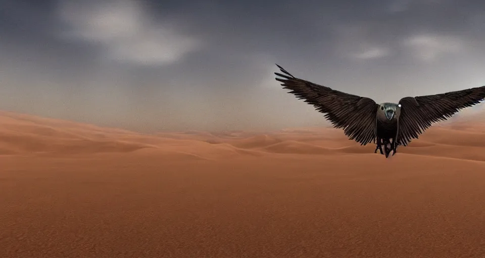 Prompt: artwork of a vulture flying far away in a desert, artstation