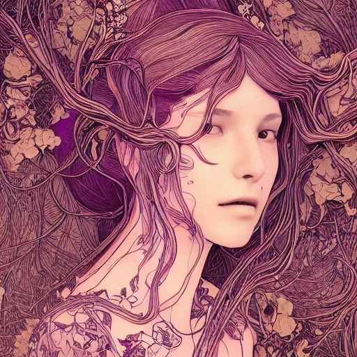 Prompt: a portrait of an incredibly beautiful woman made of potatoes roots and violets, an ultrafine detailed illustration by james jean, final fantasy, intricate linework, bright colors, behance contest winner, vanitas, angular, altermodern, unreal engine 5 highly rendered, global illumination, radiant light, detailed and intricate environment