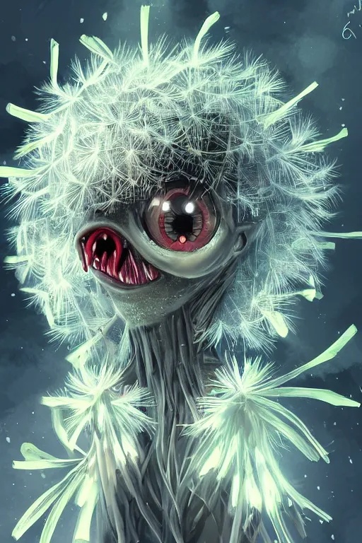 Image similar to a glowing humanoid figure dandelion monster with large glowing eyes, highly detailed, digital art, sharp focus, trending on art station, artichoke, anime art style