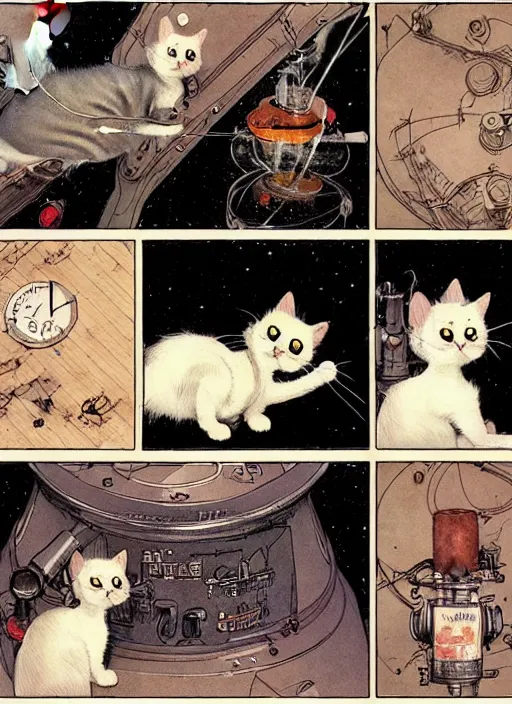 Image similar to a hyper realistic ink cat in a spaaceship 6 panel comic by chiara bautista and norman rockwell and greg rutkowski weta studio, and lucasfilm