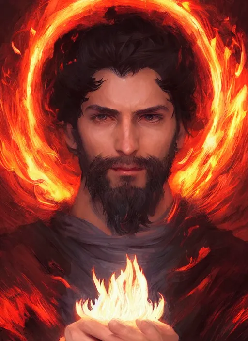 Prompt: character concept portrait of an attractive young focused Spanish wizard with pale red enchanting a flaming fire spell, a floating burning spell book in the center, intricate, elegant, digital painting, concept art, smooth, sharp focus, illustration, from Metal Gear, by Ruan Jia and Mandy Jurgens and William-Adolphe Bouguereau, Artgerm