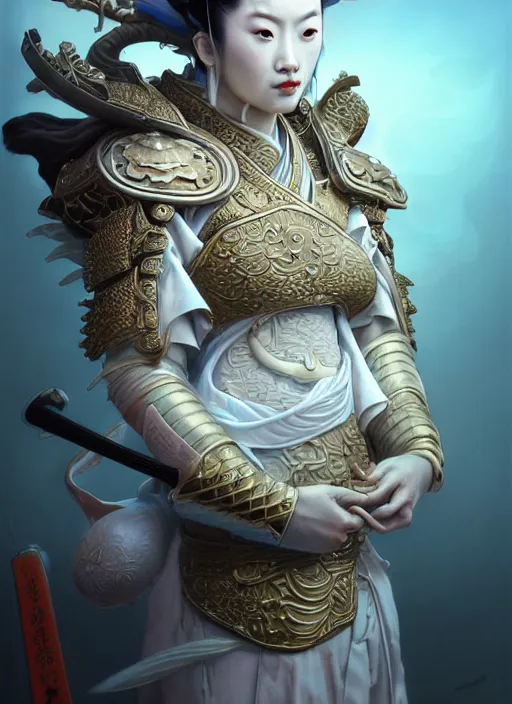 Image similar to subsurface scattering, white, koi, female samurai deity with filigree ivory armor, by jesper ejsing, james jean, justin gerard, tomasz alen kopera, cgsociety and fenghua zhong, highly detailed, rim light, cinematic lighting, illustration, art, octane render, very coherent, cinematic, hyper realism, high detail, 8 k