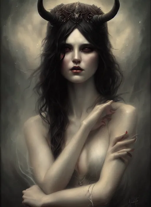 Image similar to a hauntingly beautiful woman with horns, painted by artgerm and tom bagshaw, fantasy art, dramatic lighting, highly detailed oil painting