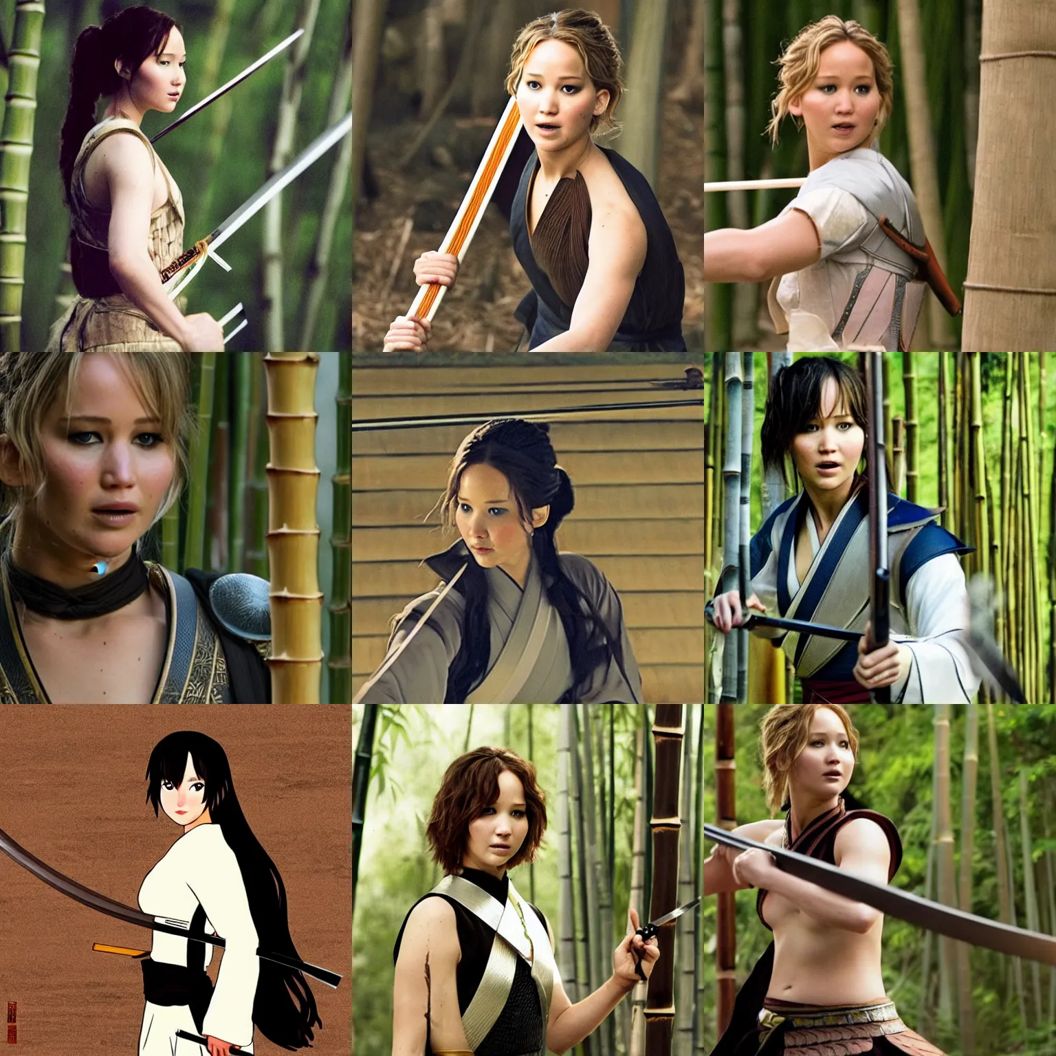 Prompt: Jennifer Lawrence as a Japanese swordswoman with a katana, slicing through a bamboo stick