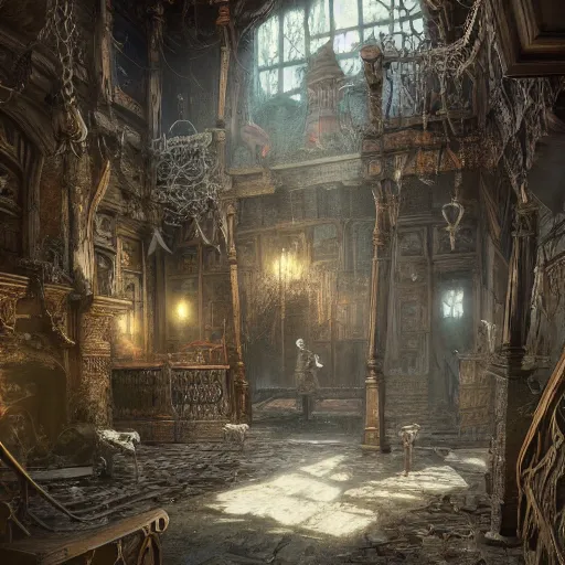 Image similar to detailed the living hall haunted house, highly detailed, illustration, fantasy art, in the style of greg rutkowski, epic, fantasy, intricate, hyper detailed, artstation, concept art, smooth, sharp focus, ray tracing