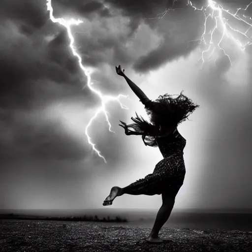 Image similar to wild woman dancing in an epic storm with lightning, fire, creepy shadows, Tim Burton, black and white photograph, 40mm, hyper detailed, 8k, clear,