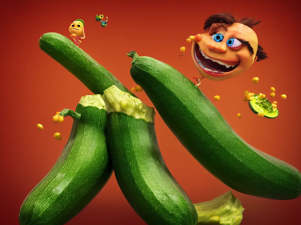 Image similar to detailed 3 d render of a raging zucchini!! character chasing!! down a desperate tomato!, high speed action, explosions, dramatic scene, hyper realistic octane render, cinematic lighting, deviantart, black sky, lowbrow, frame from pixar movie