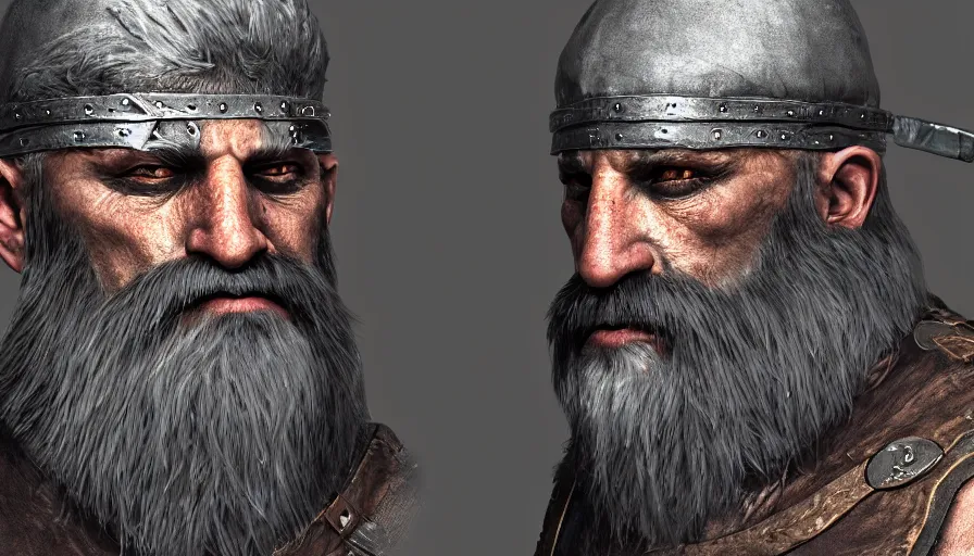 Prompt: a digital art portrait of an old warrior with eye patch and grey beard character design from dark souls, character sheet, 4 k, ultra detail, volumetric lighting, unreal engine, octane render