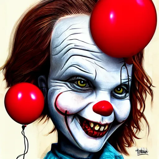 Image similar to surrealism grunge cartoon portrait sketch of millie bobby brown with a wide smile and a red balloon by - michael karcz, loony toons style, pennywise style, horror theme, detailed, elegant, intricate