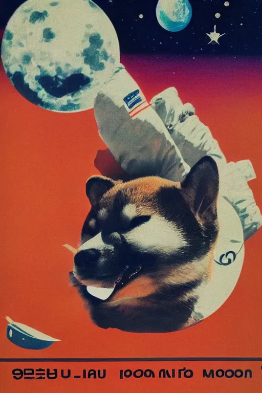 Image similar to Shiba Inu cosmonaut portrait, moon mission, 60s poster, 1968 Soviet Japanese