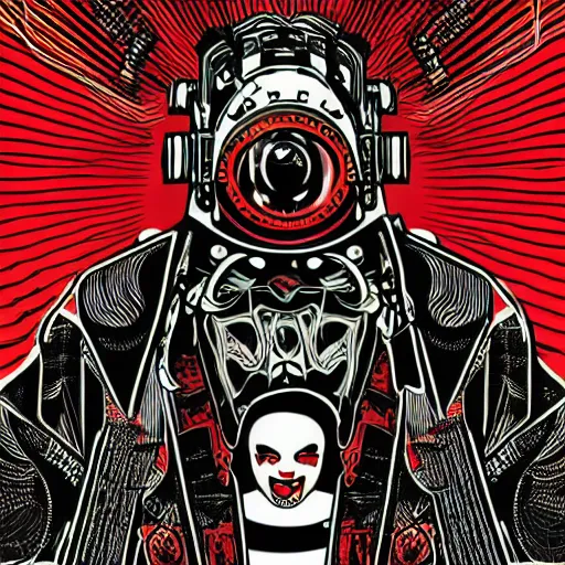 Image similar to Illustrated by Shepard Fairey and H.R. Geiger | Cyberpunk Clown Vampire with VR helmet, surrounded by cables