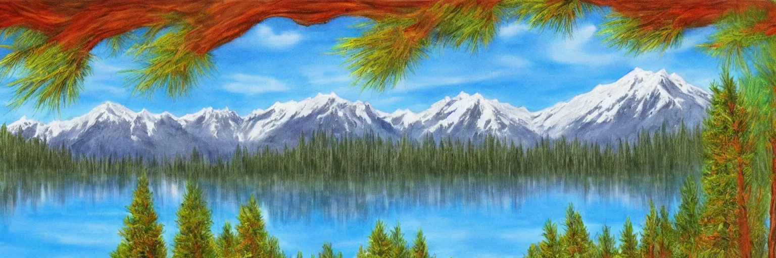 Image similar to a lake surrounded by pine trees with mountains in the background painted by Bob Ross