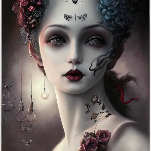 Prompt: By Tom Bagshaw, ultra realist soft painting of a curiosities carnival by night, very beautiful female dollpunk in full gothic dress, symmetry accurate features, very intricate details, omnious sky, black and white, volumetric light clouds