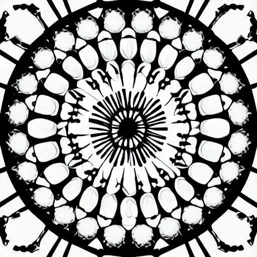 Image similar to a circular mandala with five symbolic hot air balloons equally spaced in a radial hexagonal configuration around a symbolic sun at its center. a precise black and white digital image.