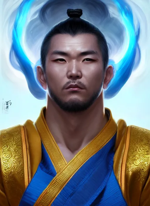 Image similar to male martial artist with a high ponytail!!! asian facial features and blue eyes!! intricate ornate blue robes!! character concept art, sharp focus, octane render! unreal engine 5! highly rendered!! trending on artstation!! detailed linework!! illustration by artgerm, wlop, and chie yoshii